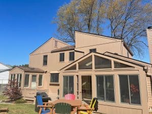 Rear view of a Cincinnati area home that just recieved James Hardie siding and trim and will be getting it painted soon