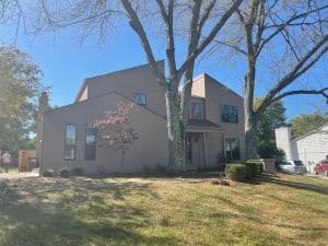 A front view of a Cincinnati area home that just recieved James Hardie siding and trim and will be getting it painted soon